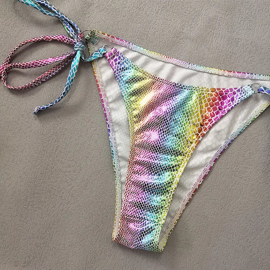 Gradient snakeskin print bikini set with triangle top and banded briefs in bronzing fabric, sizes S M L.