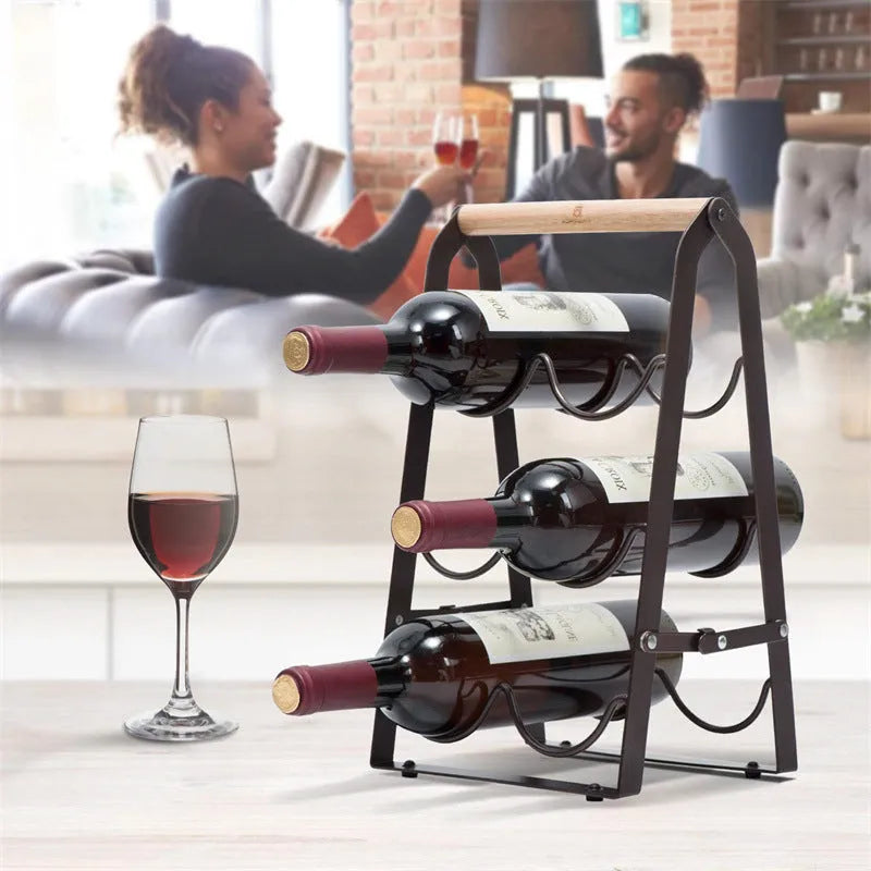 Iron desktop wine rack black with two wine bottles on kitchen countertop