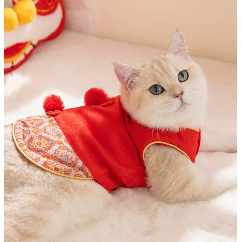 Red Chinese plum blossom pattern Tang suit button-up vest for small dogs and cats