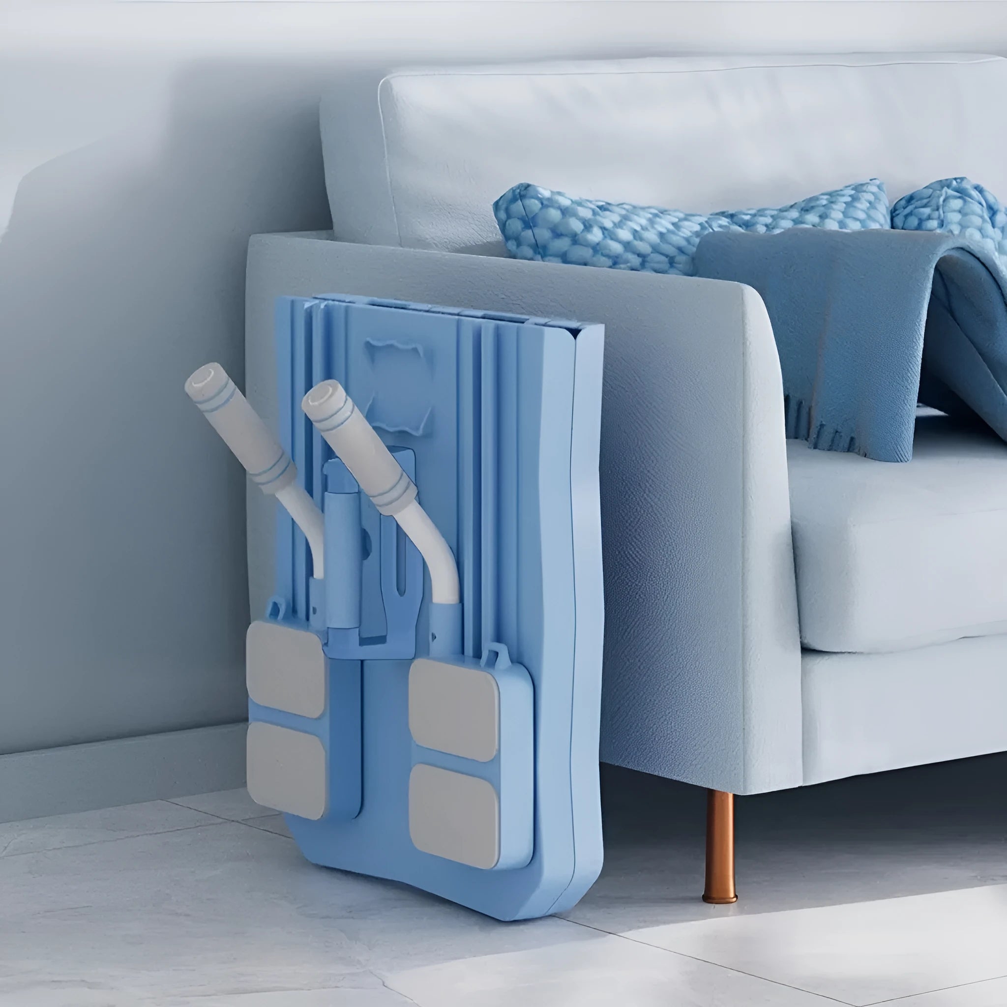 Blue and pink multifunctional ABS supine board with wheel for home ab exercises.