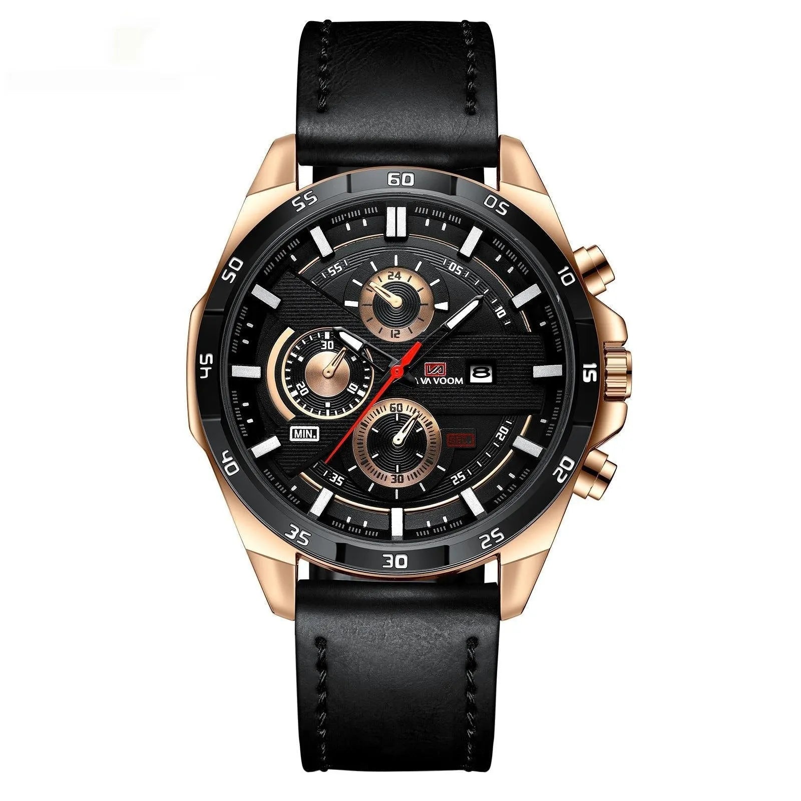 Men's casual wristwatch showing day-date window at 3 o'clock on a black dial with a rose gold case.