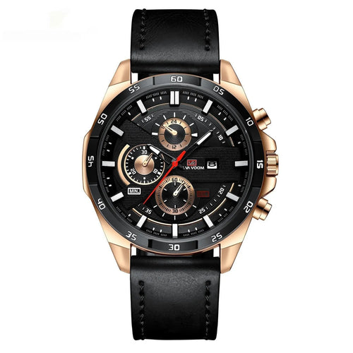 Men's casual wristwatch showing day-date window at 3 o'clock on a black dial with a rose gold case.