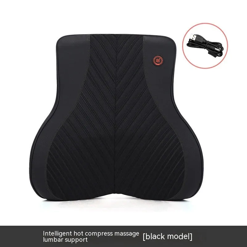 Black and red electric car massage headrest and lumbar support cushion with leather mesh fabric.