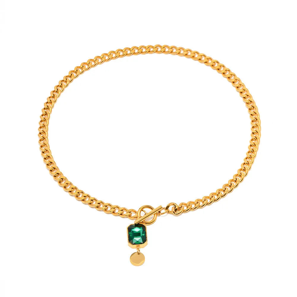 Gold electroplated zircon pendant necklace with geometric round design on titanium steel chain