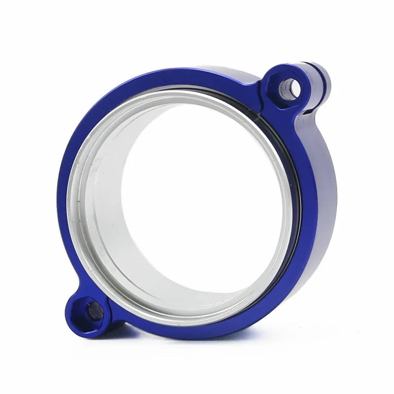 Aluminium alloy turbocharger exhaust downspout clamp in black, shown next to a 3-inch size marker.
