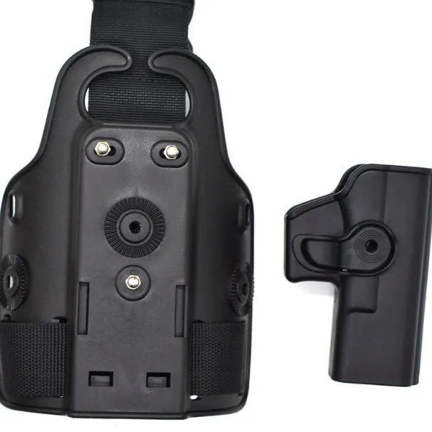 Green plastic tactical leg holster bag attached via waist plate, shown on a leg.