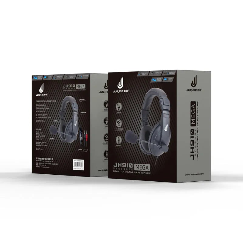 Black wired PC computer headset with 3.5mm in-line plug, built-in microphone, 40mm speakers, and 1.8m cable
