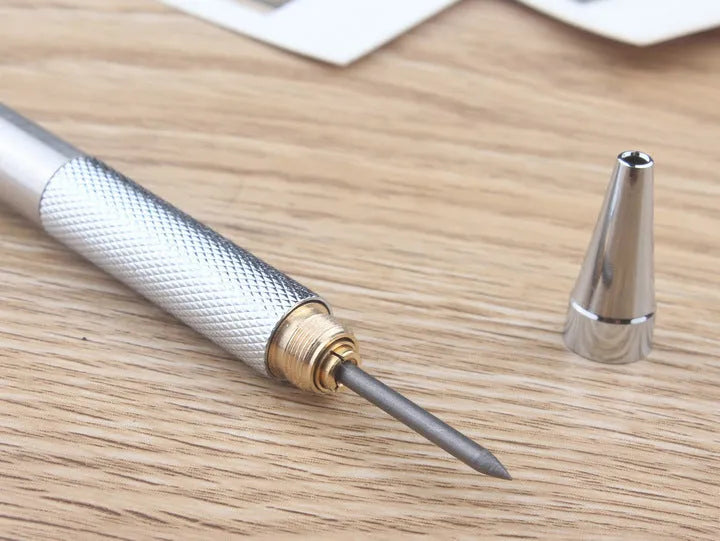 Metal automatic mechanical pencil with multiple lead size options including 0.5mm and 2.0mm diameters