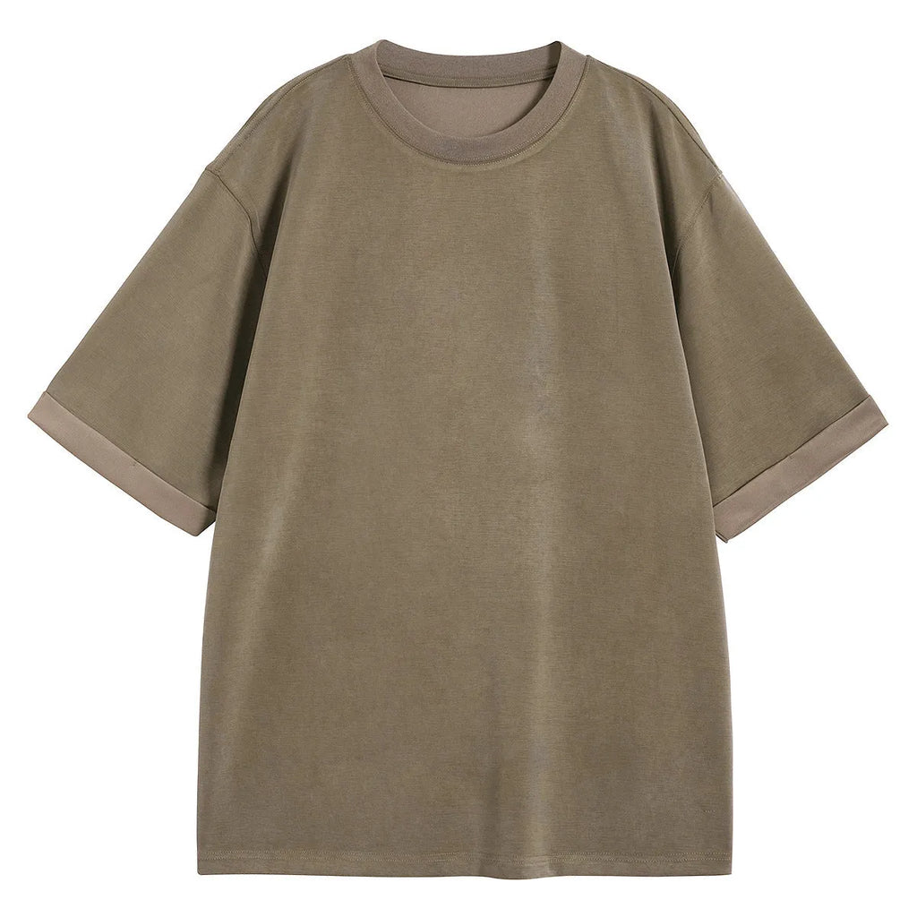 Men's brown loose drape knit casual T-shirt with short sleeves on a hanger.