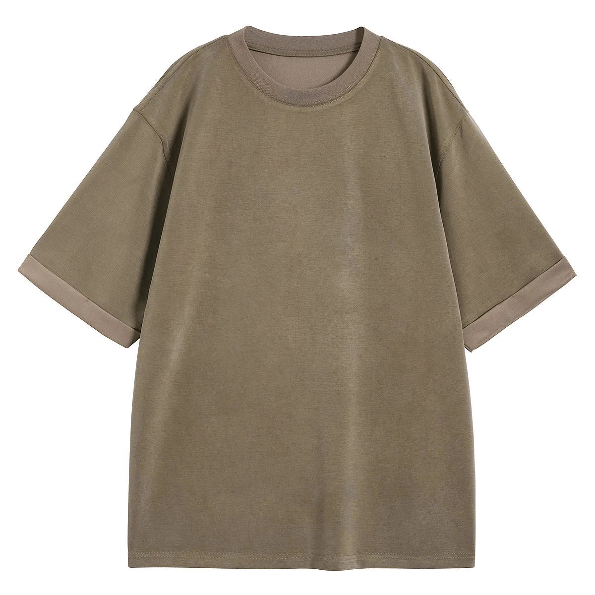 Men's brown loose drape knit casual T-shirt with short sleeves on a hanger.