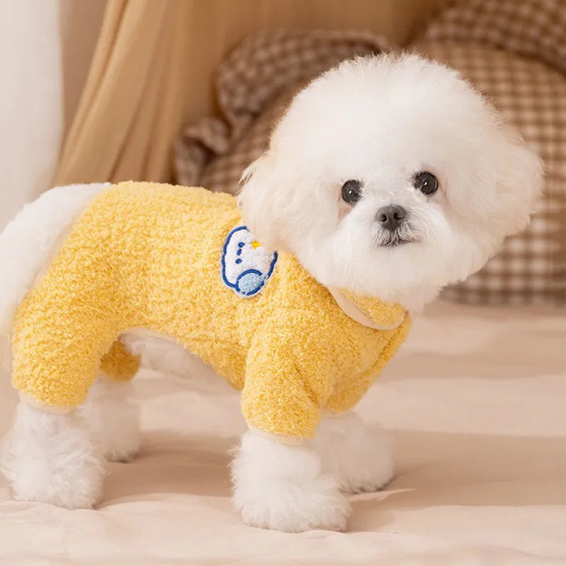 Yellow thick plush dog pajamas one-piece winter pet coat with lapel front for puppies and cats