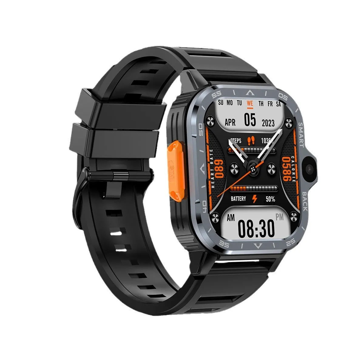 Black or silver Android student smart watch with touch screen, showing heart rate and call functions.