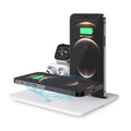 Black and white wireless desktop charger for phone, watch, and headphones.