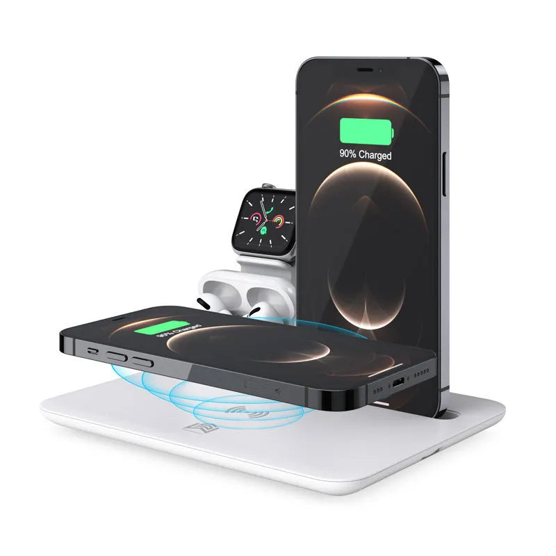 Black and white wireless desktop charger for phone, watch, and headphones.