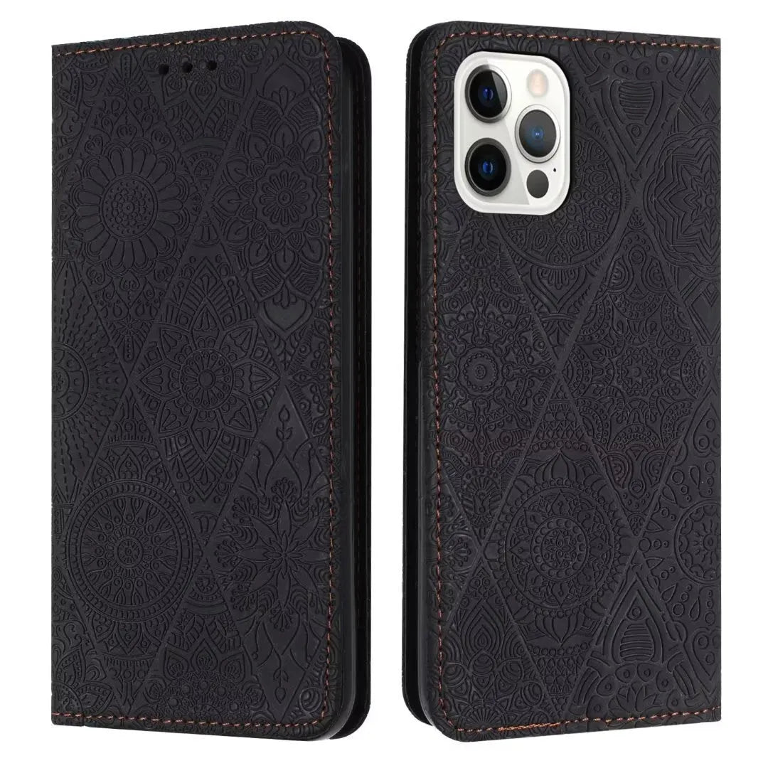 Retro embossing suction leather phone case with bracket for iPhone in black imitation leather