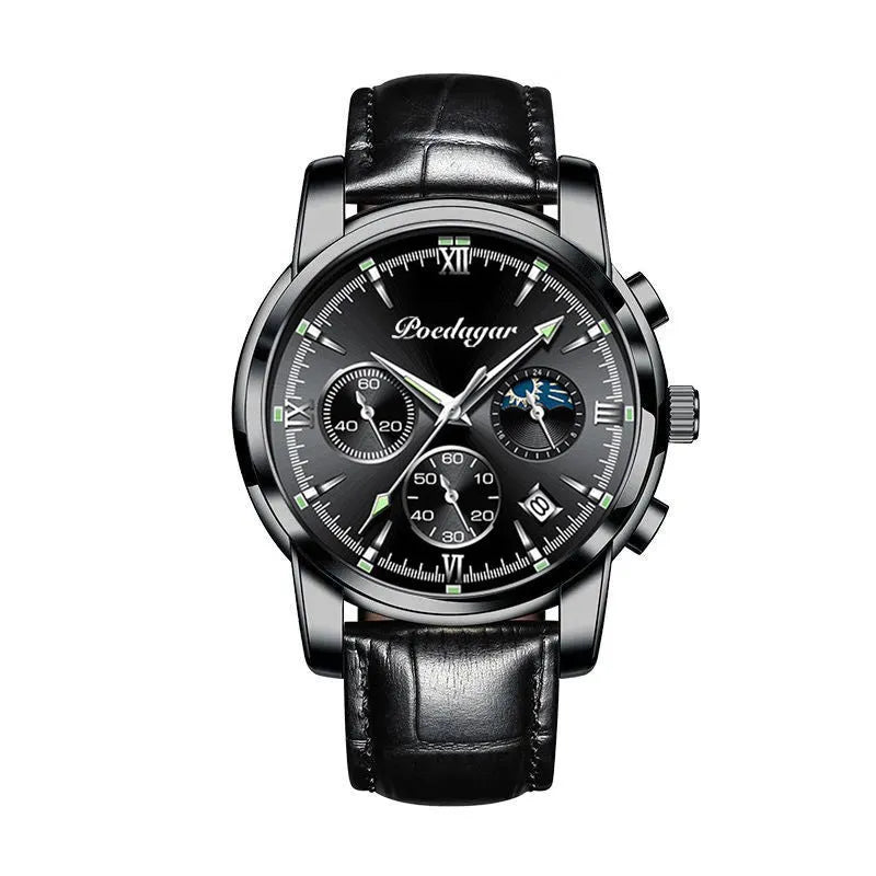 Multifunctional men's luminous waterproof quartz watch with stainless steel belt, silver case, and blue dial, 7mm thickness