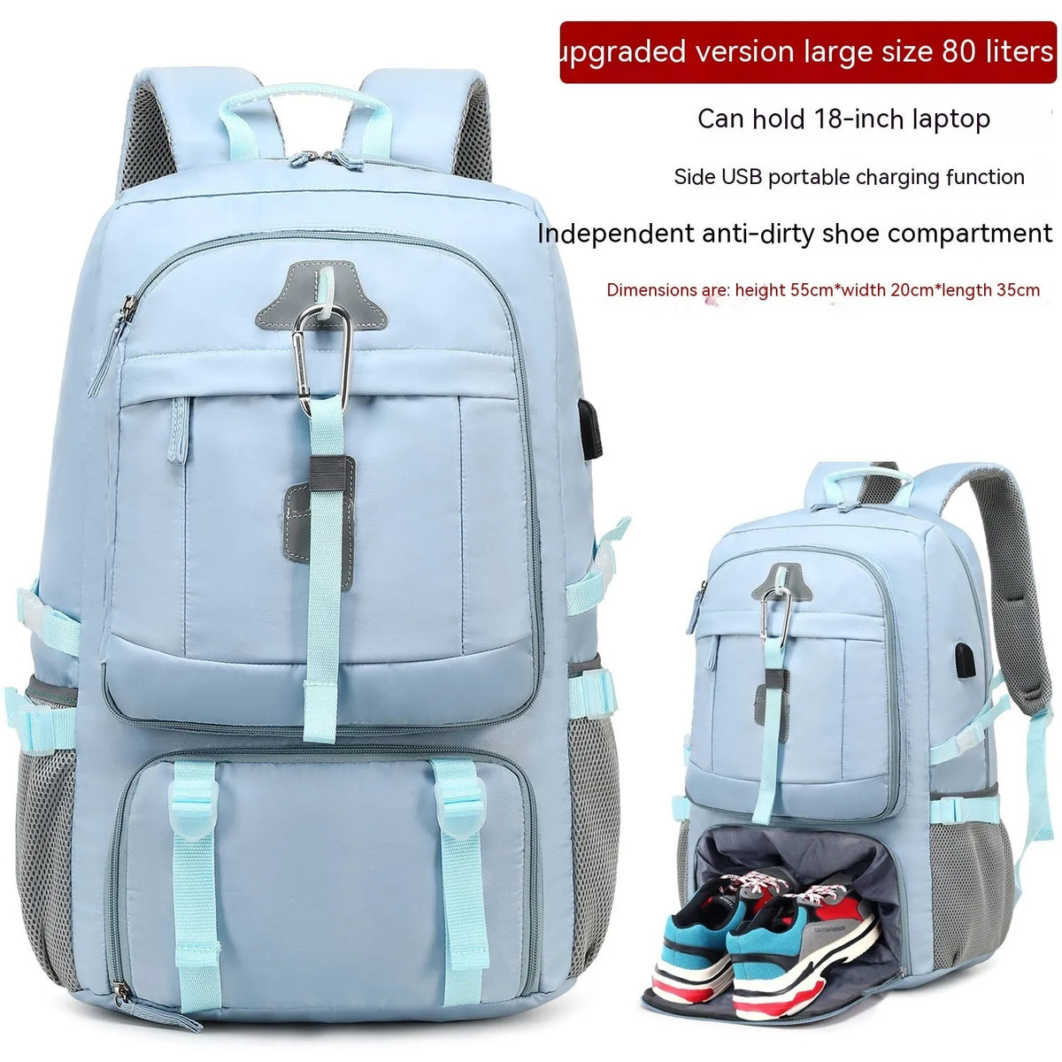 80L business travel backpack in black, Oxford cloth with composite cowhide, 55x20x35cm, USB interface