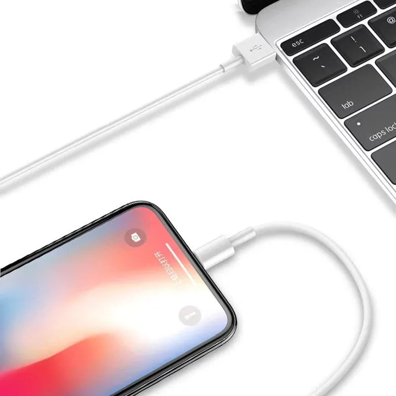 White Apple Lightning charger cable head compatible with iPhone, shown in 1m and 2m length options