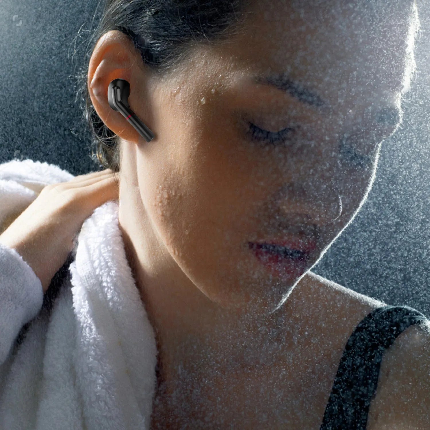 Black and white VV1 Bluetooth earphones with a compact charging case.