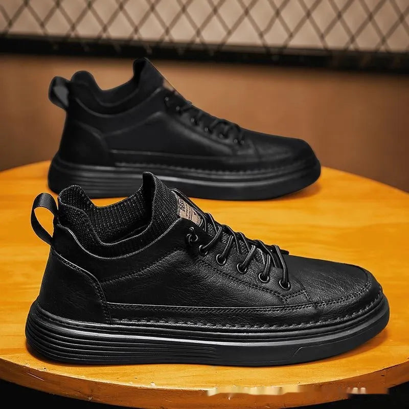 Men's black non-slip wear-resistant lightweight sneakers with EVA sole and PU upper, side view
