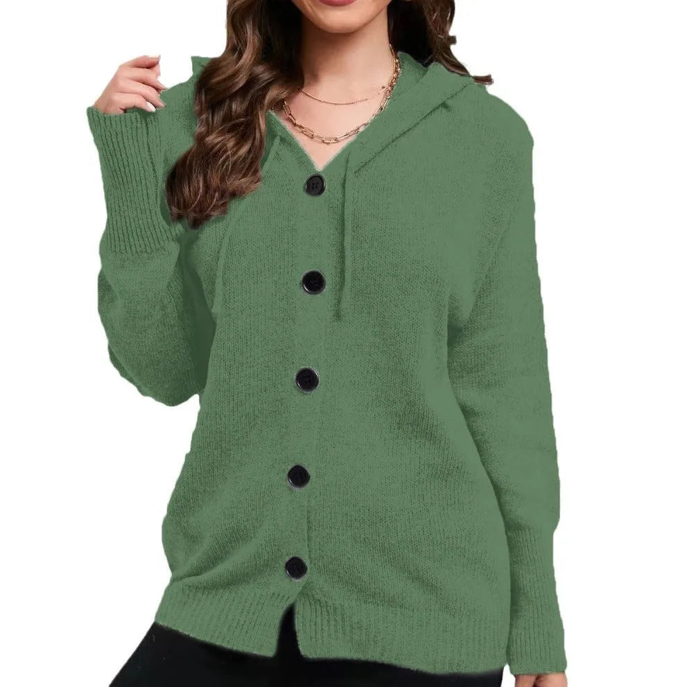 Women's loose fit hooded cardigan sweater in thick cotton with 3D pattern detail
