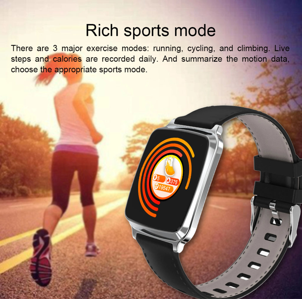 M8 smart bracelet in black on a wrist, showing heart rate data on its full-touch screen with a zinc alloy body.