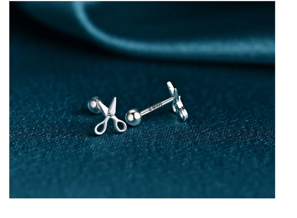 Pure silver ear nail cuff earrings with mini scissors screws detail for cartilage
