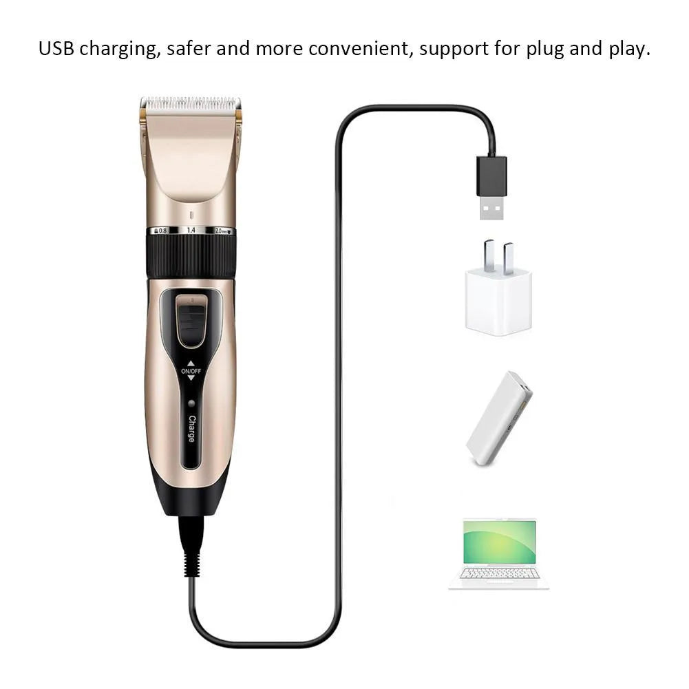 Golden professional cordless pet grooming clipper kit with ceramic titanium blade, four guide combs, nail clippers, and file on a table