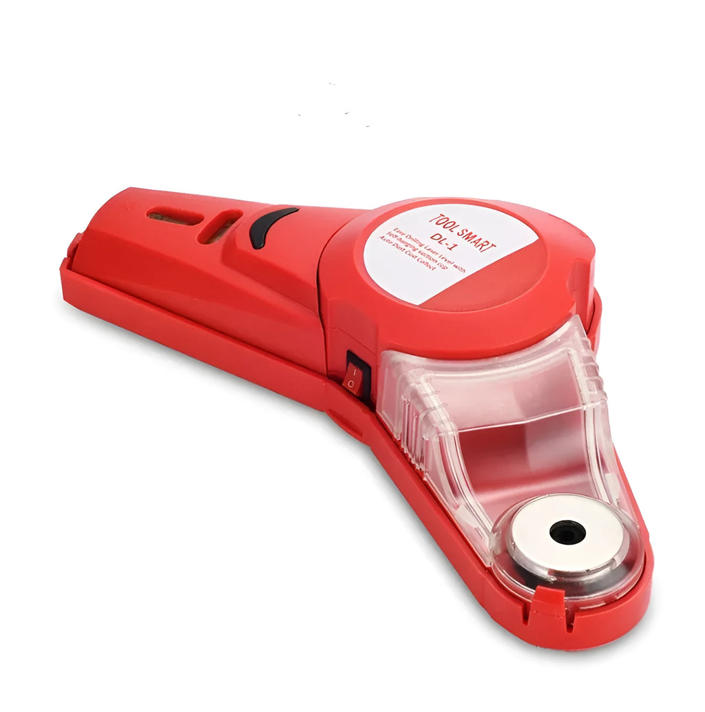 Red portable infrared laser level for punch positioning and woodworking alignment.