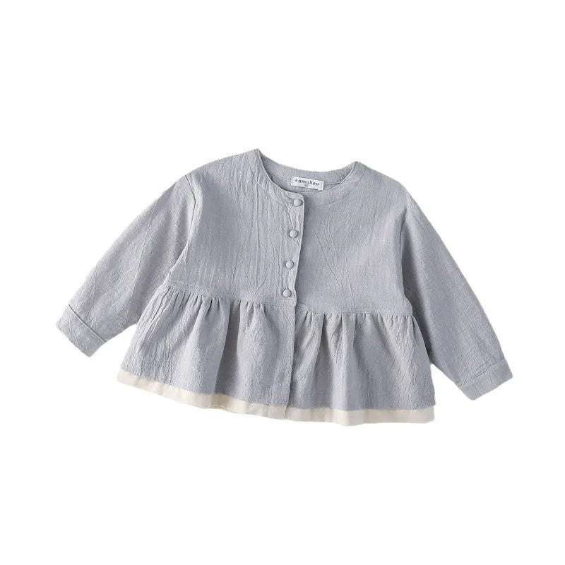 Grey baby long sleeve top with fake two-piece cardigan look and lace detail, cotton fabric, sizes 90cm to 130cm