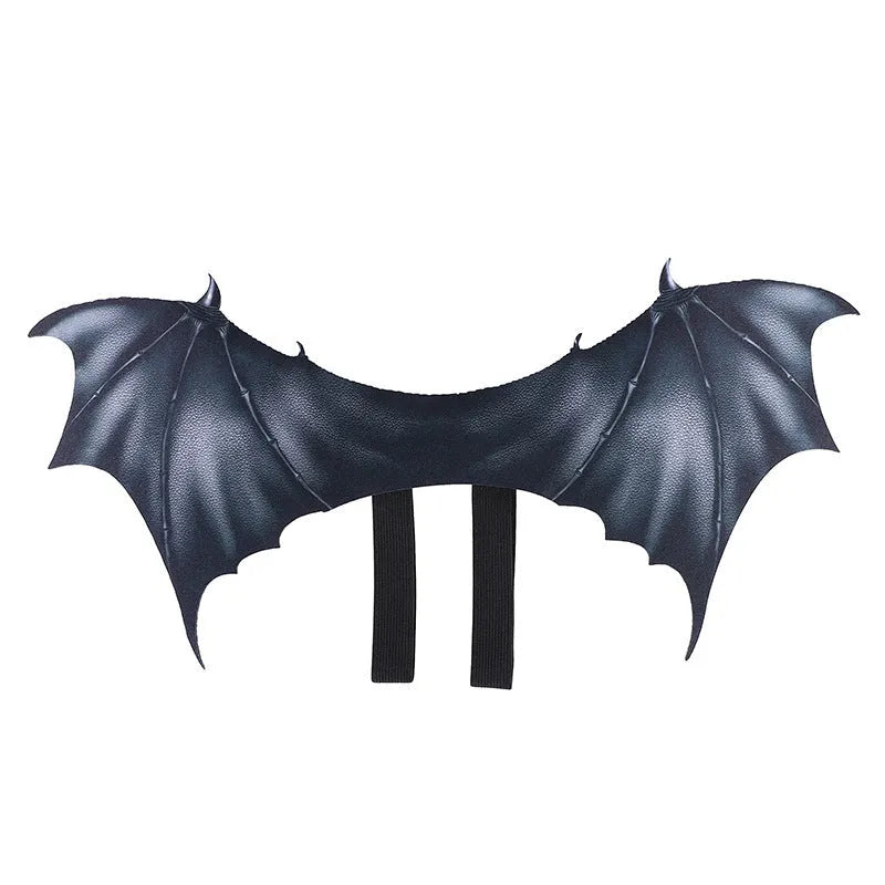 Black cloth bat wing Halloween costume shown on a pet, available in 40cm, 55cm, and 64cm wing sizes.