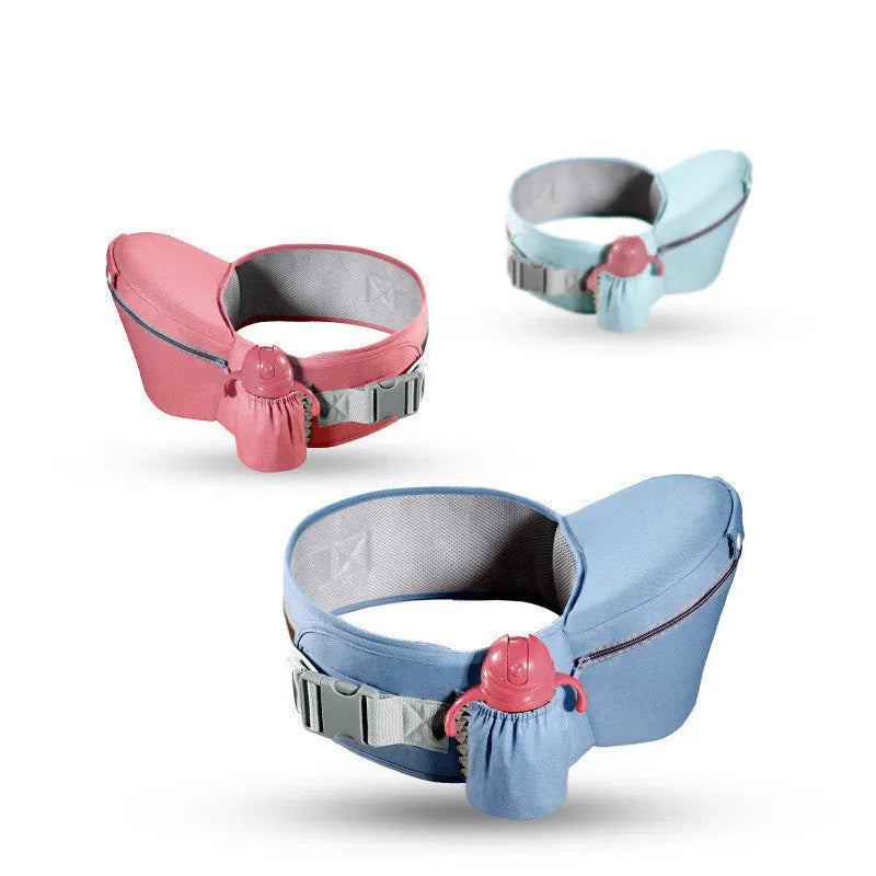 Baby carrier waist stool in cotton and polyester with padded waist belt, 35° hipseat and front zipper bag