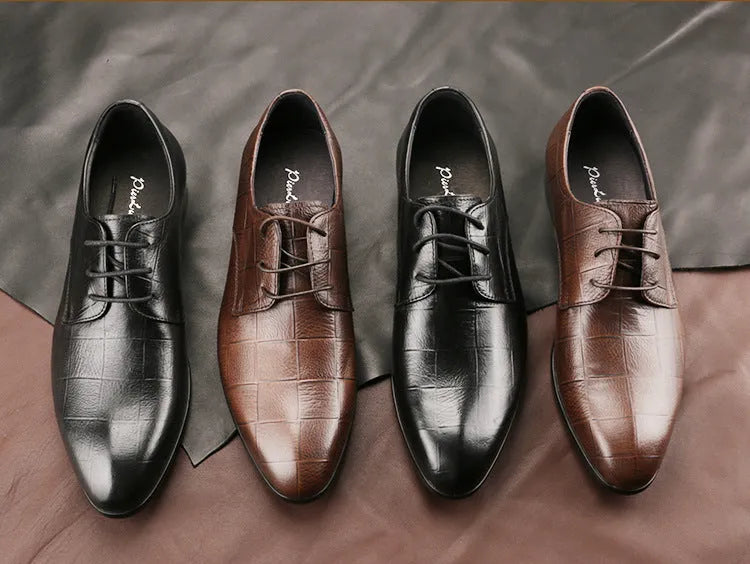Men's black checkered derby leather shoes with a pointed toe and rubber sole.