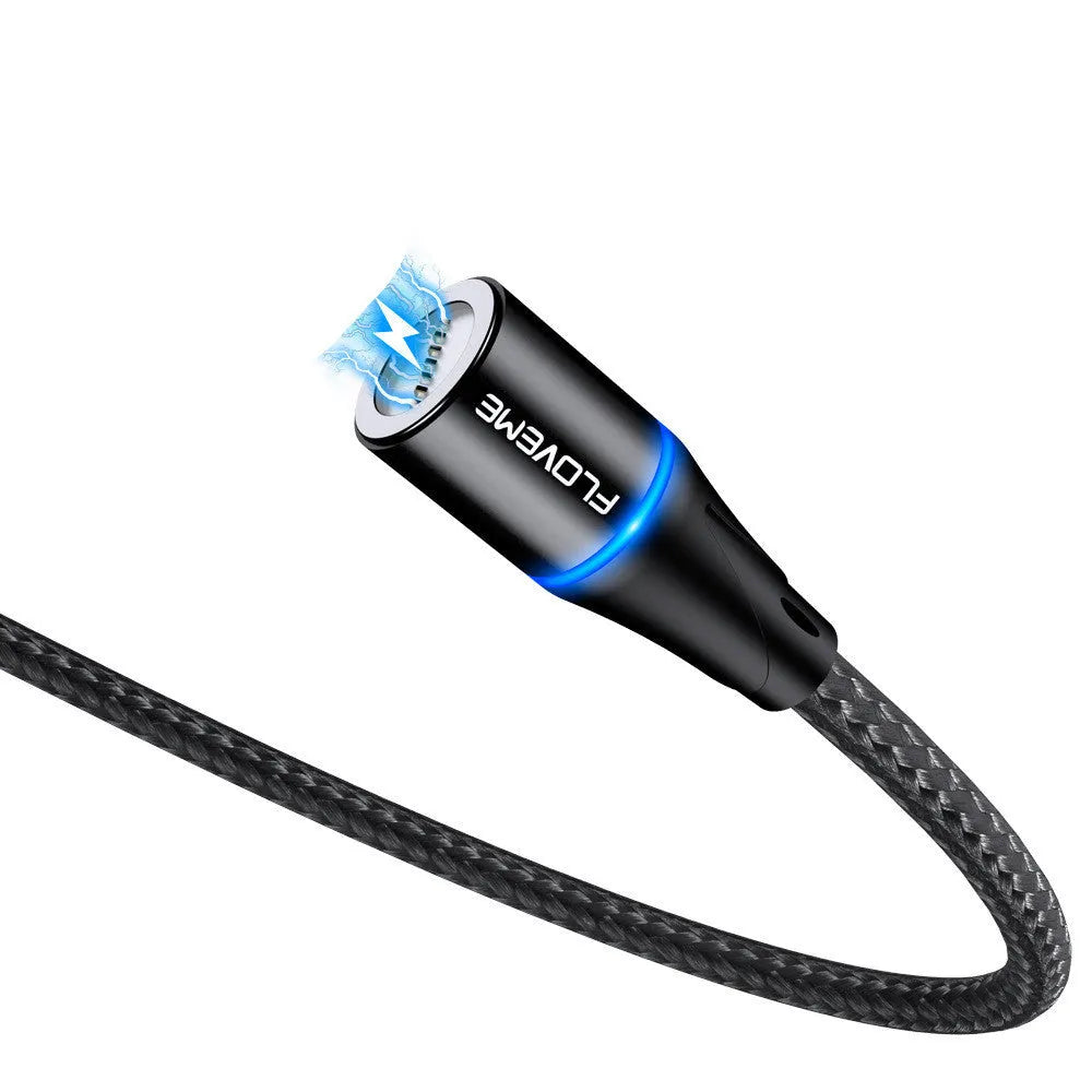 Black magnetic USB fast-charging cable with LED light, compatible with Apple iPhone and Android phones