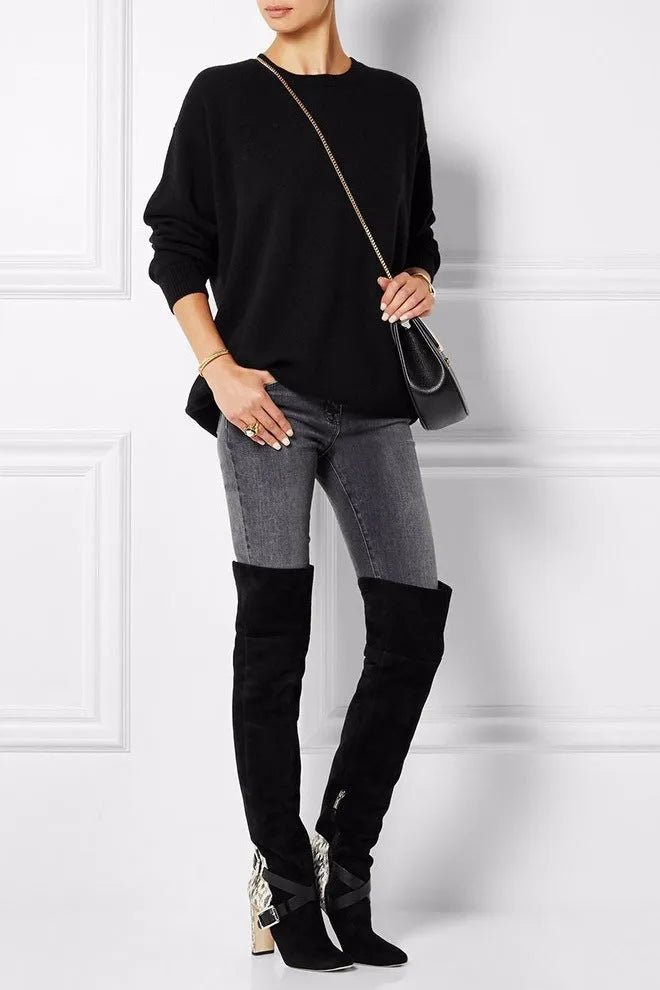 Black suede women's fashion boots with round toe, thick heel, rubber sole, and 8cm or more heel height.