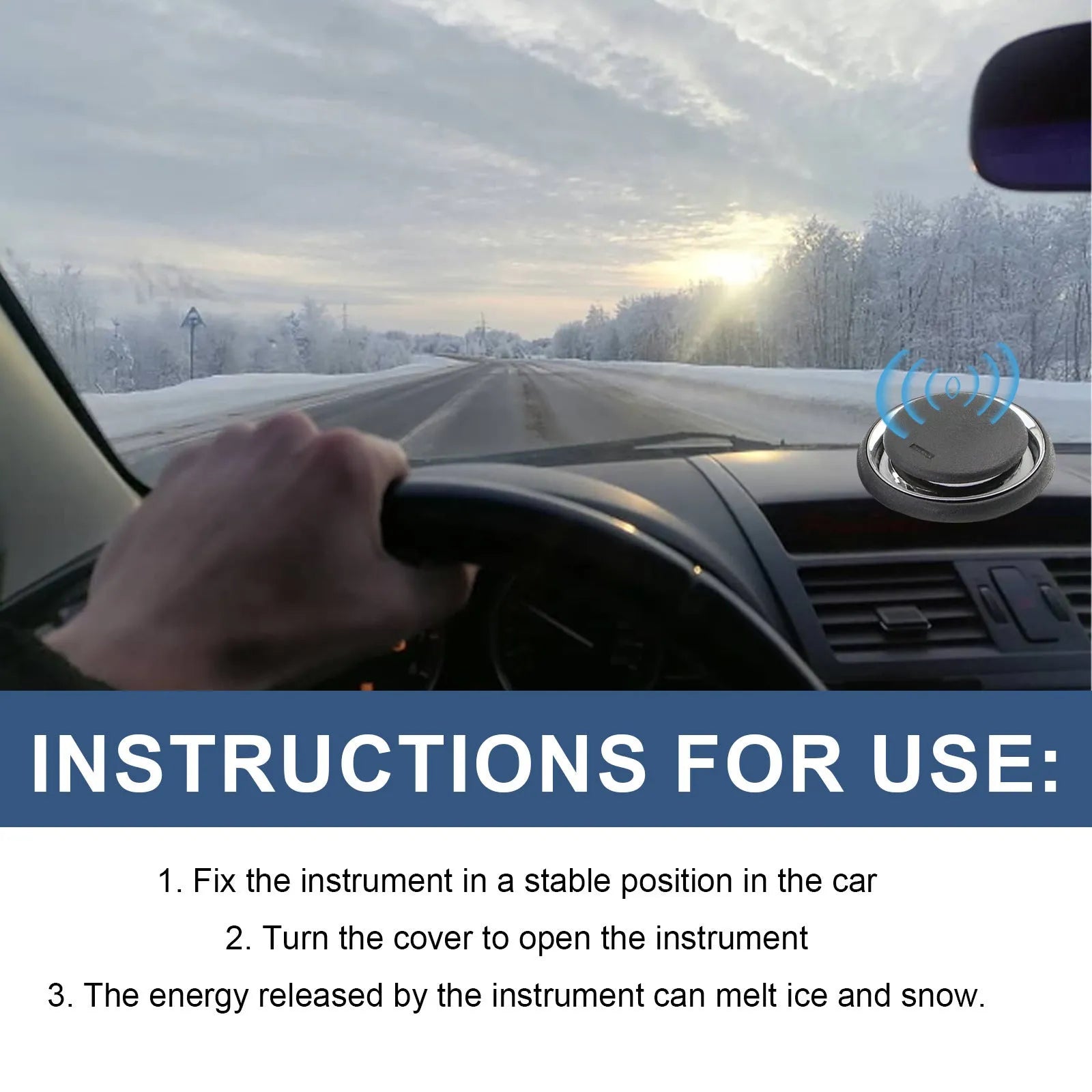 Black portable car de-icing instrument with compact 7.4 cm square dimensions for vehicle ice removal