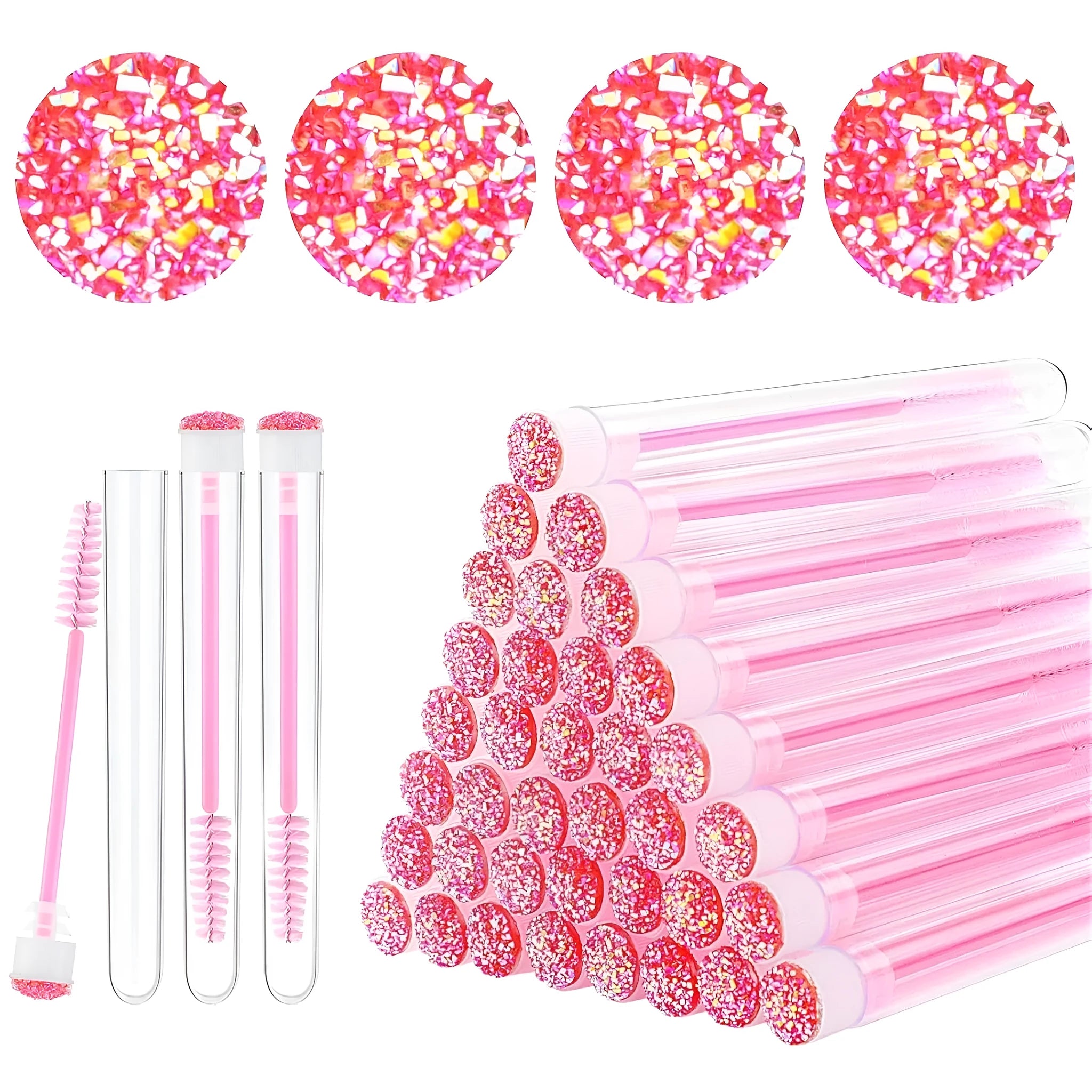 Disposable eyelash mascara brushes in transparent storage tubes showing blue, green, pink and purple colour options