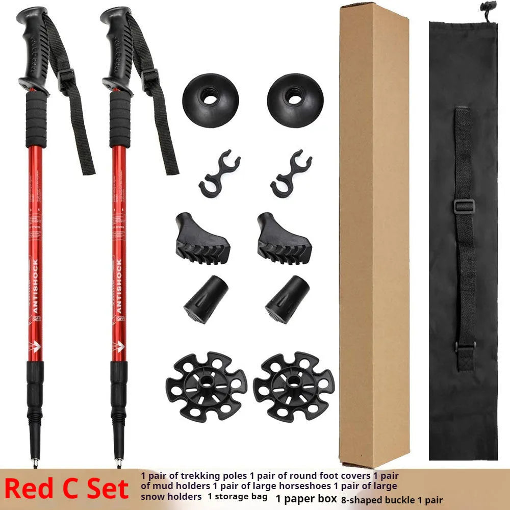 A pair of adjustable aluminium trekking poles with a three straight handle, shown with mud supports, snow holders, and foot covers.