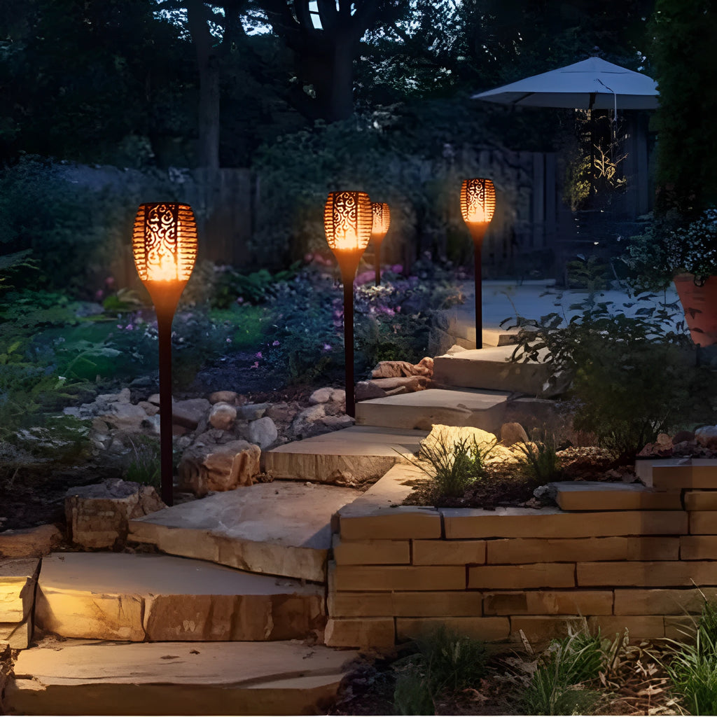 Black solar torch light with stake, 32cm lamp, IP65 waterproof, 96 LEDs for outdoor garden use