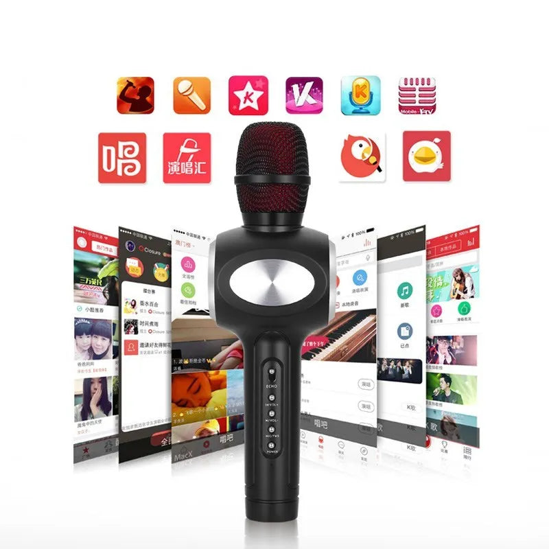 Yaerjia E108 black portable karaoke microphone with built-in speaker and echo effects.
