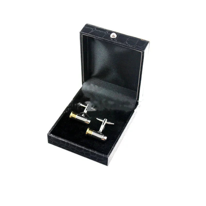 Men's silver mechanical cufflinks with copper case and stainless steel movement, geometric design, on shirt