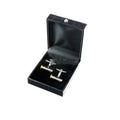 Men's silver mechanical cufflinks with copper case and stainless steel movement, geometric design, on shirt