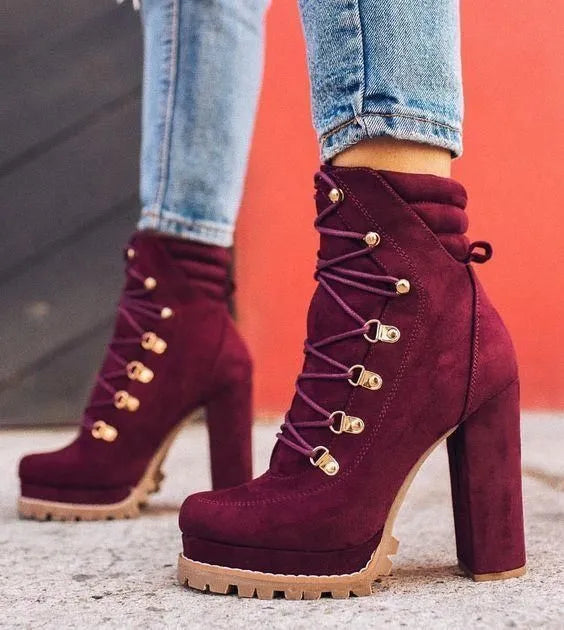 Women's suede high heel boots in army green with thick heel and round toe.