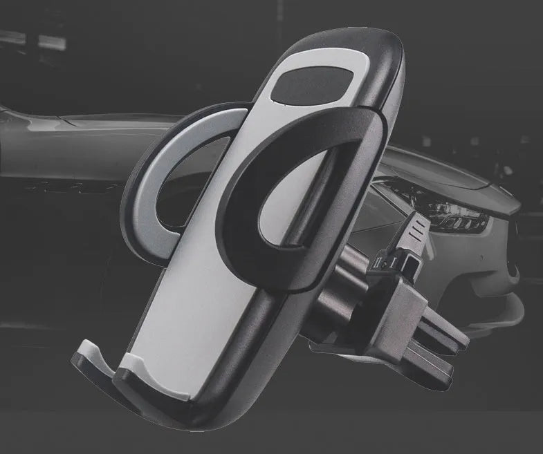 Black plastic car air conditioning outlet mobile phone holder mounted to car vent