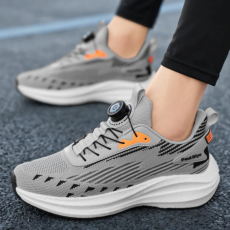 Men's black running shoes with Fly-knit mesh upper, rotating buckle, and TPU popcorn sole