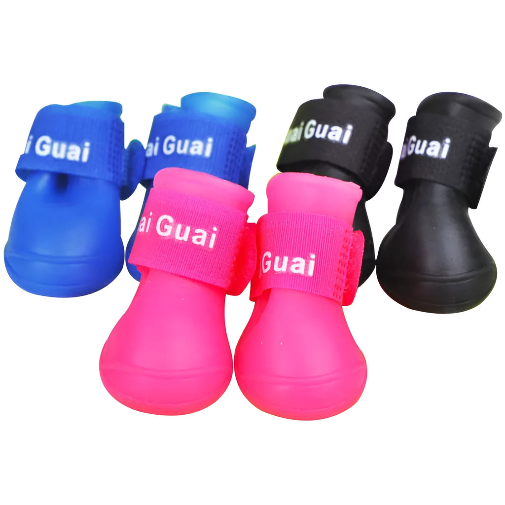 Soft non-slip silicone pet rain boots in purple for dogs, waterproof with wear-resistant sole, available in sizes S M L