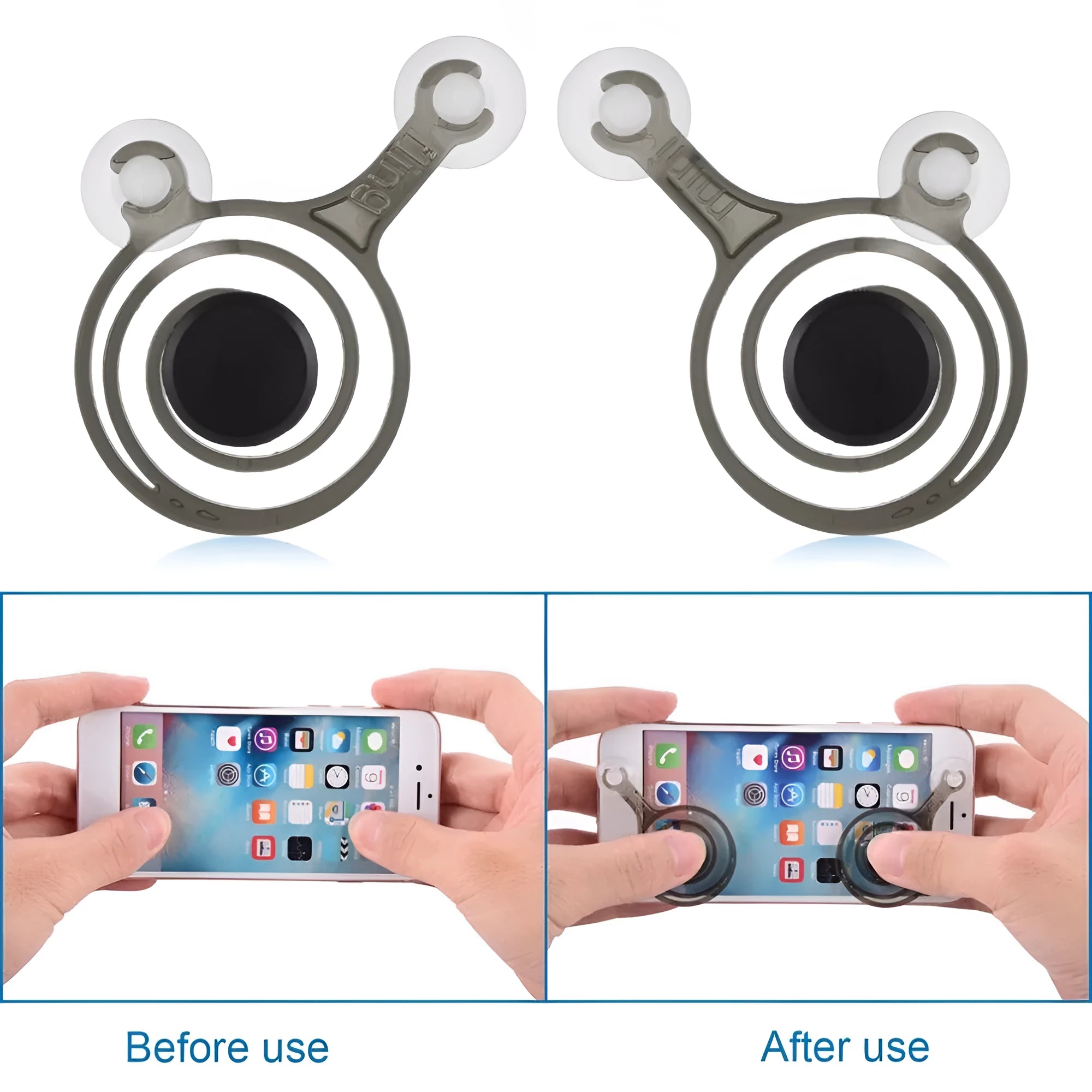 Pair of clear plastic mini joysticks with coloured bases for mobile phone and tablet gaming.