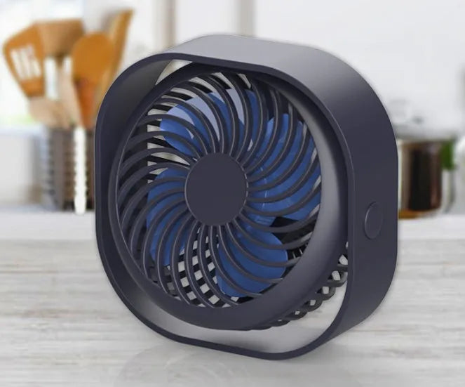 USB desk fan with alarm clock display in blue, showing rotating head on a modern base.