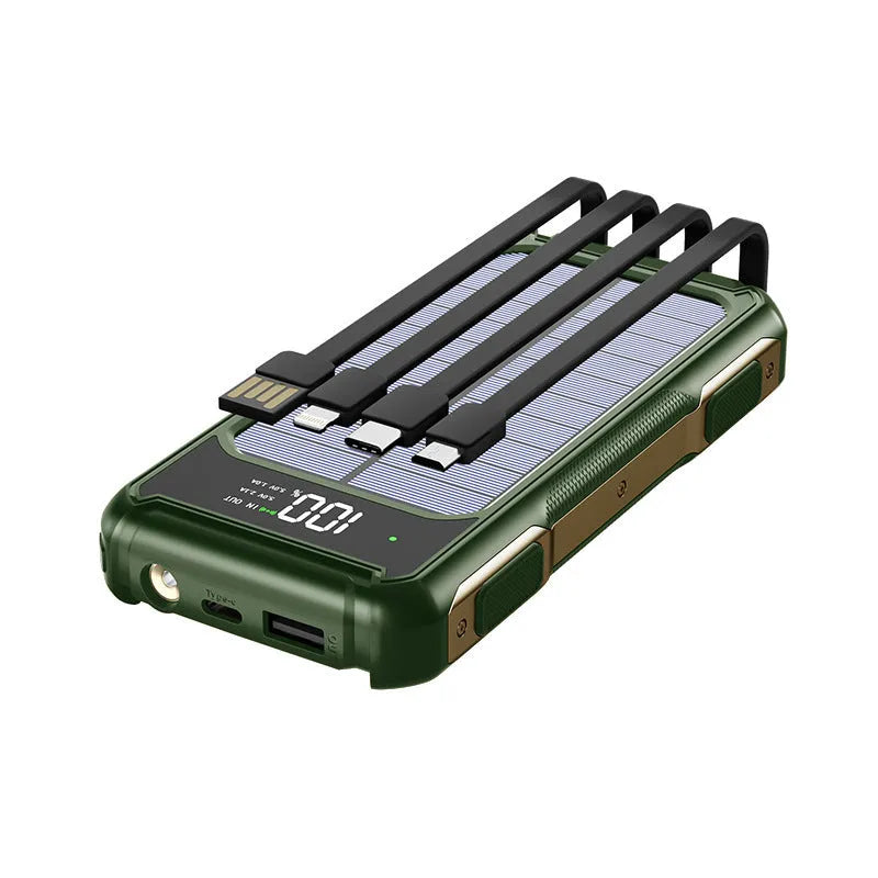 Military grade mobile power bank in black, green, or orange colour showing compact size and USB ports.