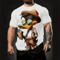 Man wearing a loose fit short sleeve linen shirt with a raised 3D cartoon print design.